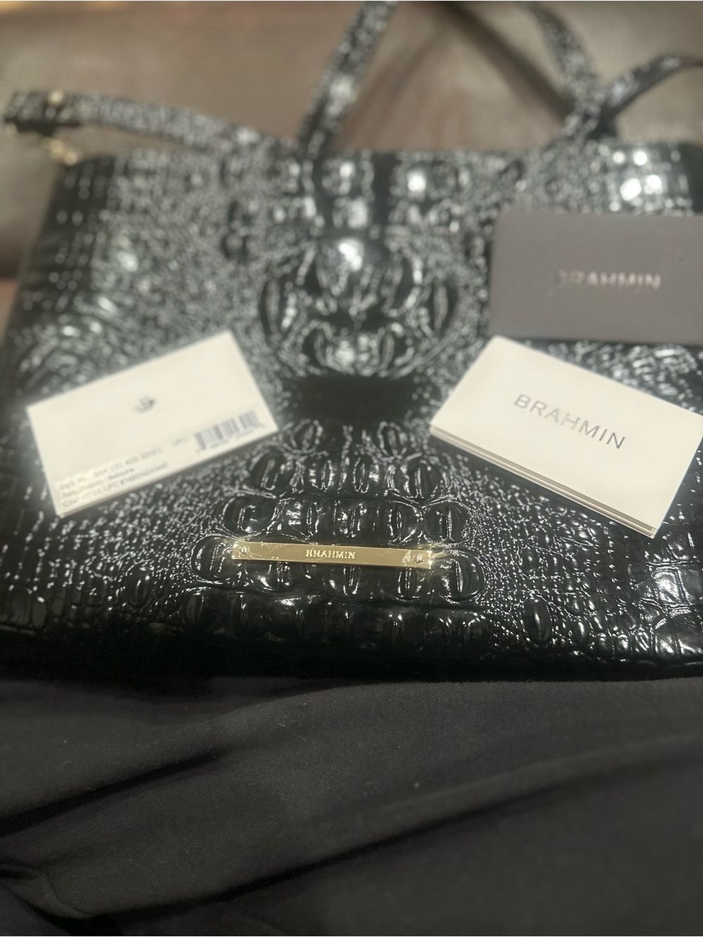 Brahmin Black Croc-Embossed Patent Leather Tote with Gold Hardware